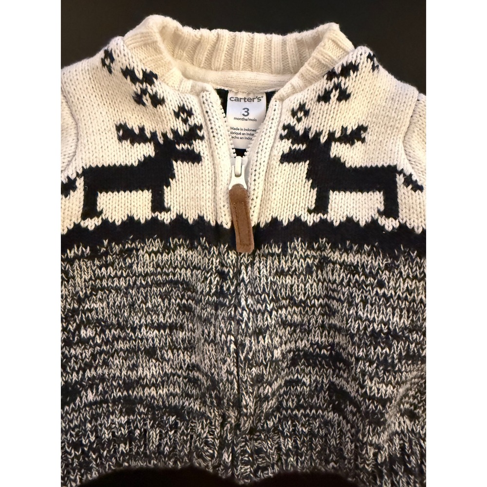 Carter's Baby Moose Sweater Size 3 Months Cream/Black Full-Zip Winter - Picture 2 of 7